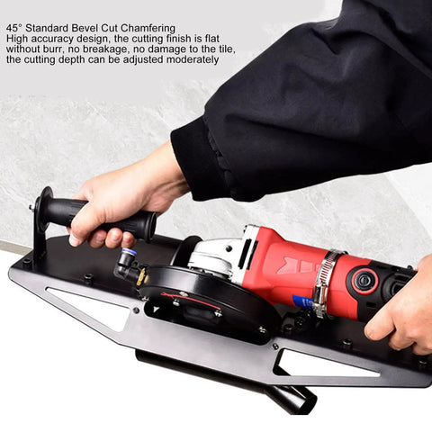 Portable Electric Tile Chamfering Machine For 45 Degree Bevel Trimming On Ceramic Metal And Stone With A Heavy Steel Frame in use.