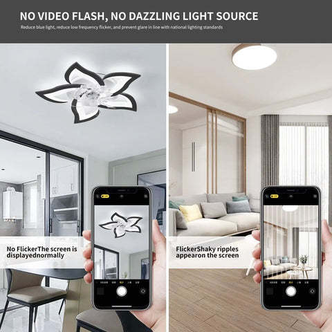 Modern Flush Mount Ceiling Fan With Lights LED 3 Color Temperature 6 Speeds 50W 24.4 Inch showing no video flash effect