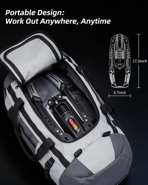 EAST Mount Twister Arm Exerciser Get Ripped With Adjustable Hydraulic Resistance Up To Four Hundred Forty Pounds, portable design image with workout gear in bag.