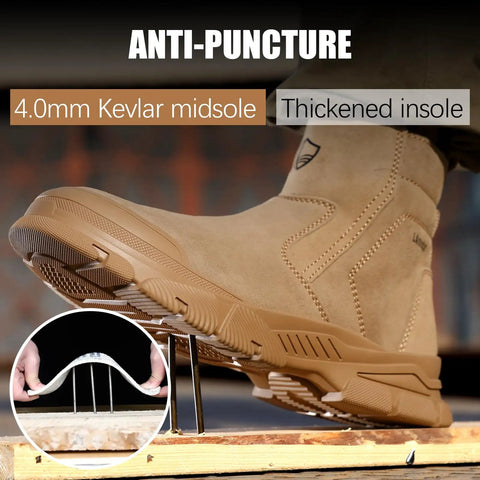 Heavy-Duty Steel Toe Welding Boots For Men With Zipper Laceless Welder Footwear Built For High Heat And Spark-Resistant Tough-As-Nails Work On Construction Sites Brown showing Kevlar midsole and thickened insole