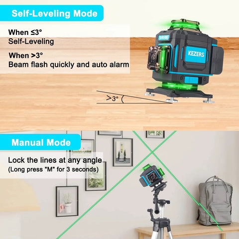 4x360 Degree Laser Level with screen readout on tripod illustrating green self-leveling laser for construction and picture hanging