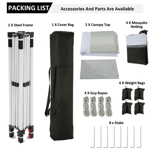 12x12 Pop Up Gazebo On Clearance with steel frame, cover bag, canopy top, mosquito netting, ropes, stakes, weight bags