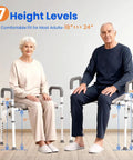 Seniors demonstrating 7 height level Raised Toilet Seat With Handles For Seniors Cozy Padded Elevation Riser Comfortable 350 Pound Capacity Adjustable Handicap Toilet Riser Gray FSA Eligible Now.