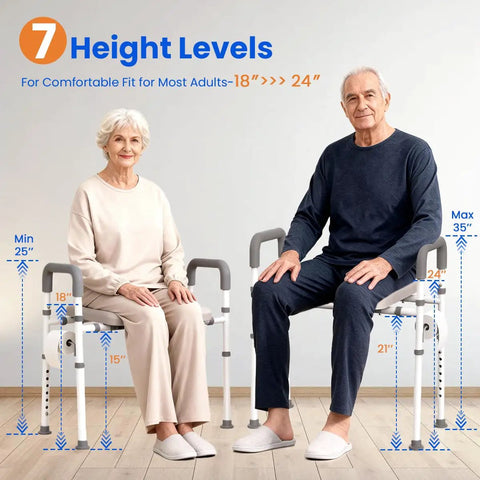 Seniors demonstrating 7 height level Raised Toilet Seat With Handles For Seniors Cozy Padded Elevation Riser Comfortable 350 Pound Capacity Adjustable Handicap Toilet Riser Gray FSA Eligible Now.