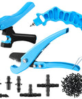 DIY Friendly Drip Irrigation Hole Punch And Tubing Cutter 2 In 1 For One Quarter Inch Fittings With Barbed Connectors, blue tool displayed with fittings and plugs.