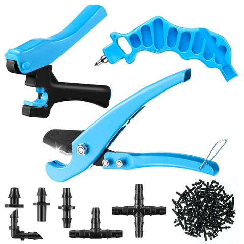 2-In-1 Drip Irrigation Hole Punch And Tubing Cutter With Barbed Connectors For 1/4 Inch Fittings Blue Kit with Accessories