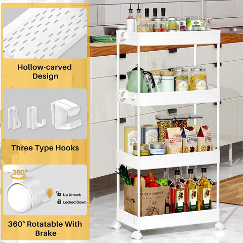 4 Tier Rolling Storage Cart Great For Tight Spaces On Wheels A Mobile Shelving Unit For Kitchen, shown with items stored on shelves in a kitchen.