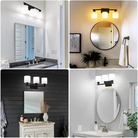 Three Light Matte Black Vanity Light Fixture Over Mirror With Milky White Glass Shades Anti Rust Wall Sconces in bathrooms