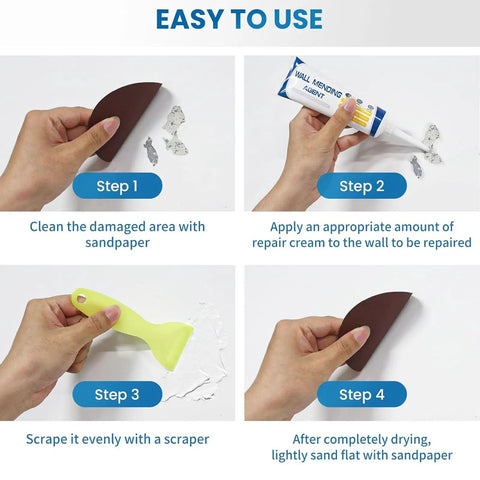 Step-by-step guide showing how to use the Three Pack Drywall Patch Repair Kit For Holes And Cracks, Spackle Paste Included.
