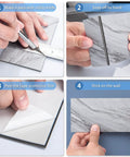 Just Peel And Stick Subway Tile Backsplash Kit 3x6 Inches Durable White Granite for easy DIY install steps shown in four images.