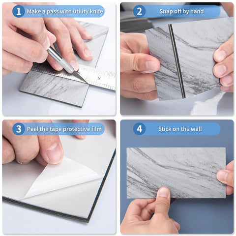Just Peel And Stick Subway Tile Backsplash Kit 3x6 Inches Durable White Granite for easy DIY install steps shown in four images.