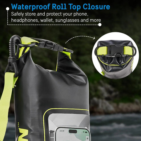 IP68 Waterproof Dry Bag 2L Roll Top Backpack With Phone Case And Pouch showing roll-top closure detail