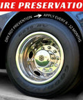 Close-up of a shiny tire with chrome wheel, showcasing 'Tire Preservation' tips. Ideal for Turn Heads Rich Black Tire Shine.