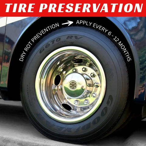 Close-up of a shiny tire with chrome wheel, showcasing 'Tire Preservation' tips. Ideal for Turn Heads Rich Black Tire Shine.