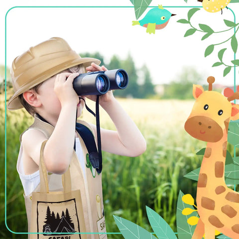 Child in Kids Explorer Costume Set 36 Pcs With Plastic Explorer Hats Vest And Tote Bag For Outdoor Adventure Party Favors