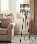 Dope Romance Crystal Tripod Floor Lamp In Black With Four 40W Bulbs, Modern Crystal Mid Century Style in living room corner