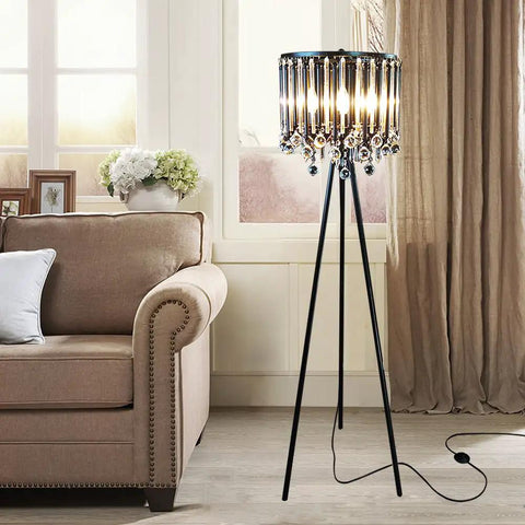 Dope Romance Crystal Tripod Floor Lamp In Black With Four 40W Bulbs, Modern Crystal Mid Century Style in living room corner