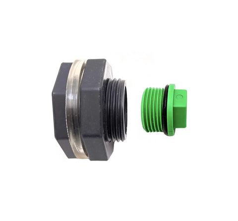 Three Quarter Inch Drain Valve Plug Kit With Silicone O Ring And Bulkhead Adapter, forest green plug and black adapter
