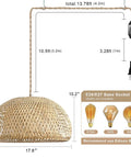 Roomy Bamboo Plug In Pendant Light With Dimmable Switch And 14 Foot Handmade Woven Cord showing structure, dimensions, and bulb socket type.