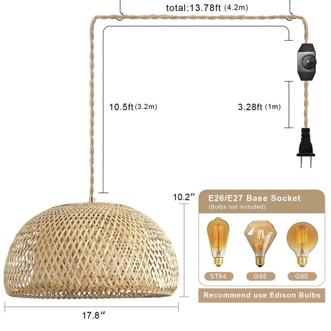 Roomy Bamboo Plug In Pendant Light With Dimmable Switch And 14 Foot Handmade Woven Cord showing structure, dimensions, and bulb socket type.