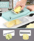 Front view of blue Ourokhome 12-in-1 vegetable chopper with clear catch-bin and 8 blades