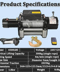 Heavy Duty 4500 Lbs Electric Winch Kit For Trucks And Jeeps, Featuring Tough Steel Cable and Remote Control specifications.