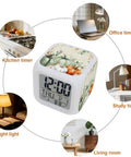 Hella Durable Digital Alarm Clock With LED Night Light And Seven Color Modes Snooze Button Time Date Temperature Display Retro Cube Desk Clock For Bedroom Or Office Smooth As Butter Setup on kitchen counter.