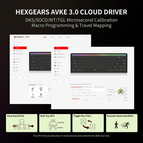 HEXGEARS AVKE 3.0 Cloud Driver software interface showcasing customization options for Ridiculously Snappy 68 Key Mechanical Gaming Keyboard.