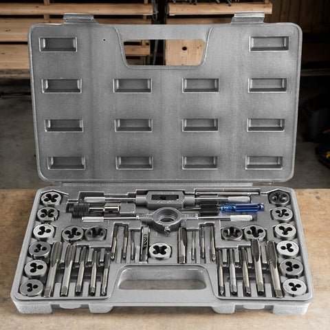 Tap And Die Set With Storage Case For Quick Threading And Rethreading Internal And External Threads Metric And SAE M3 To M12 40 Piece Pro Grade Tool Kit For Easy Repairs And Removing Broken Screws, open case displayed on workbench.
