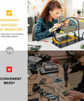 Woman using Heavy-Duty Soldering Station With Magnetic Third-Hand Rig, Non-Slip Silicone Pad, Steel Base, in organized setup.