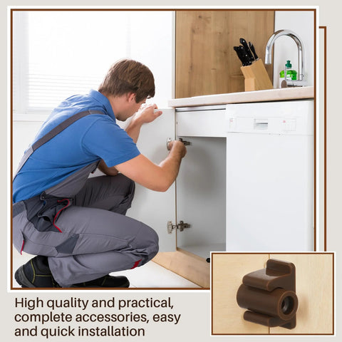 Installer using False Drawer Front Clips Set Dark Brown 8 Pieces With Screws Includes 4 Pairs of Drawer Front Clips for cabinet repair
