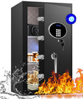 Built Tough Heavy Duty Home Safe Box With Digital Keypad And LCD Screen Key Lock Sensor Light Removable Shelf 13 Cu Ft Steel Security Safe For Documents Valuables And Business Use At Home Or Office showing fire and water protection features