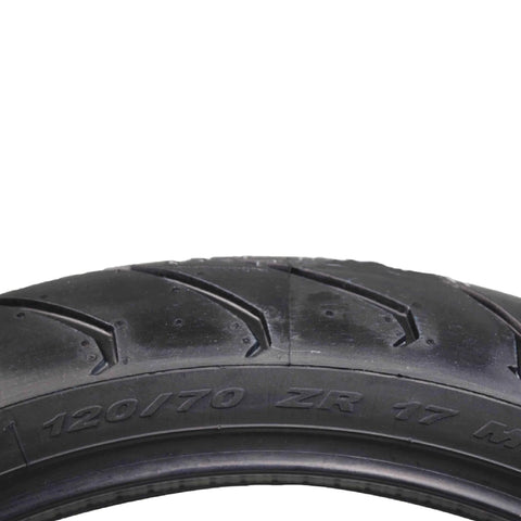 Close-up of Pirelli Angel ST Front And Rear Sport Touring Motorcycle Tire sidewall, showing size 120/70 ZR 17 markings.