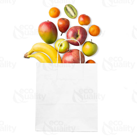 Large White Kraft Paper Bags With Handles 13x7x17 Inches 200 Count Durable Reusable Shopping Gift Bags Go To Party Retail Merchandise Lunch And Grocery Use Eco Friendly Packaging holding assorted fruits.