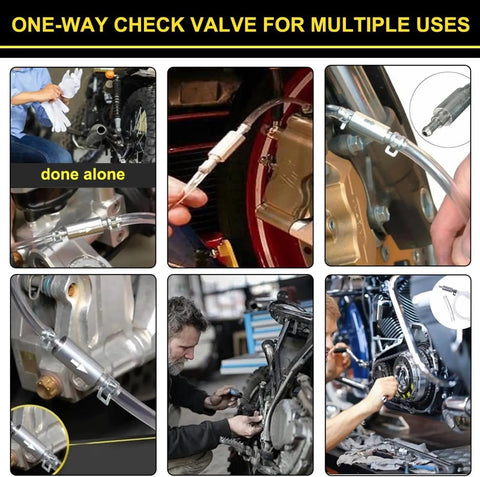 4 Piece Universal Brake Fluid Bleeder Kit With One Way Check Valve Hose in use on motorcycle and car brakes.