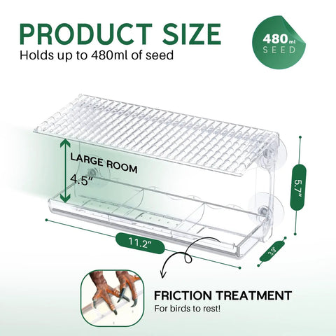 Clear Window Bird Feeder With Strong Suction Cups For Outdoors Watch Birds Up Close From Inside Your Home, dimensions shown.