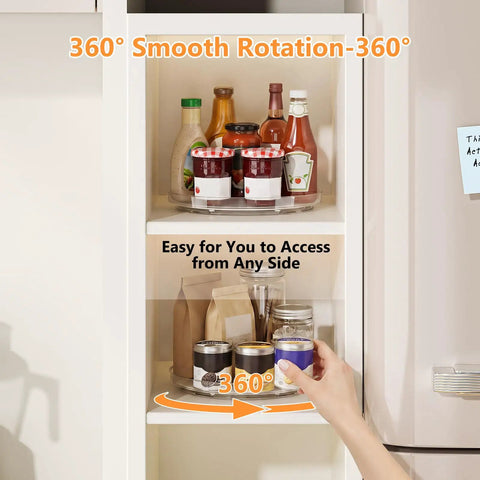 Nine Inch Clear Lazy Susan Set Of Two Round Rotating Turntable Organizers With Non Slip Base For Pantry Cabinet And Fridge Shelf, showcasing spices in use.