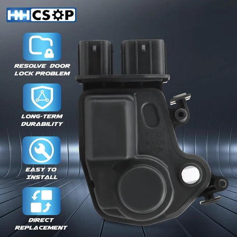 Honda Left Front Driver Side Power Door Lock Actuator Replacement For CR V Civic Accord Element Odyssey Pilot RSX 2001 Through 2011 Fits Two Door Cars shown with icons indicating features