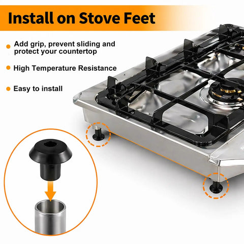 48 Pack Rubber Grate Feet Replacements For GE Gas Range Burner Grates installed on a metal gas stove with labeled features.