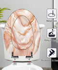 Elongated Liquid abstract marble painting print rose gold Toilet Seat, close-up of design and metal link installation.