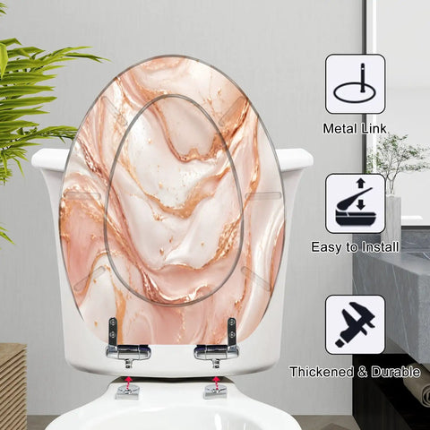 Elongated Liquid abstract marble painting print rose gold Toilet Seat, close-up of design and metal link installation.