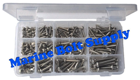 Type 316 stainless steel Phillips pan-head sheet metal screws kit in a clear plastic storage box, top view
