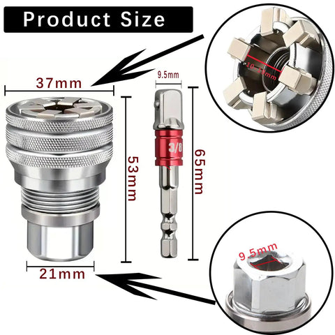 Product size of Multi Function Universal Socket Wrench Tool For 10mm To 19mm Nuts And Bolts with drill adapter.