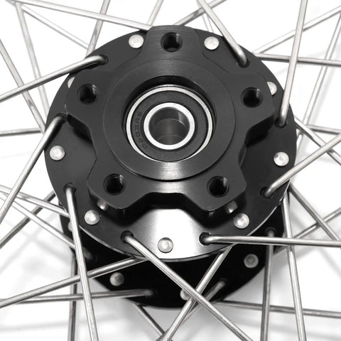 16 Inch Rear Spoke Wheel Hub Rim For Sur Ron Light Bee X Light Bee S Segway X160 X260 79 Bike Falcon M E Ride Pro SS Off Road Dirt Bike Anodized Rim 7116 T7 Alloy Black Hub Built To Tear Up Rough Trails, close-up of black hub with stainless steel spokes