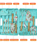 Light Green 10 Piece Garden Tool Set With Trowel Hoe Shovel And Rake for indoor and outdoor gardening in open floral tool box