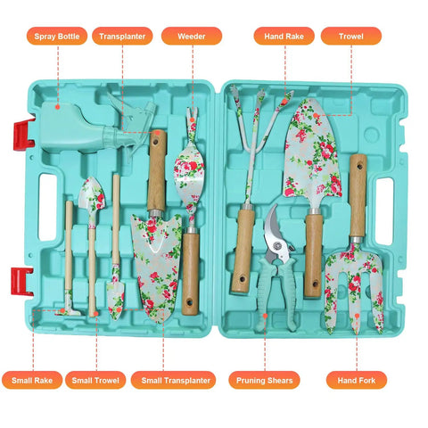 Light Green 10 Piece Garden Tool Set With Trowel Hoe Shovel And Rake for indoor and outdoor gardening in open floral tool box