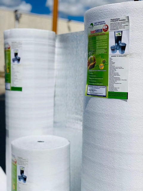 Heavy Duty Three Millimeter Foam Core Radiant Barrier Roll Blocks Summer Heat Silences Room Echoes White Vinyl Surface stacked.