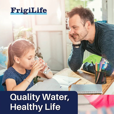 Child drinking water with adult nearby, FrigiLife branding visible, highlighting health benefits of Refrigerator Water Filter Replacement For EPTWFU01 EWF02 Pure Source Ultra II 0.5 Micron NSF Certified Lead Free BPA Free 2 Pack Fits A Ton Of Fridges.