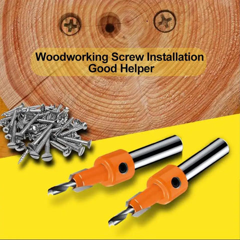 Pro Grade Wood Countersink Drill Bit Set With Ten Pieces And Five Extra Pilot Bits, Tapered Five Sixteenths Round Shank, For Clean Flush Finishes, Durable Carbon Steel And HSS, ASNOMY; drill bits and screws on wood surface.