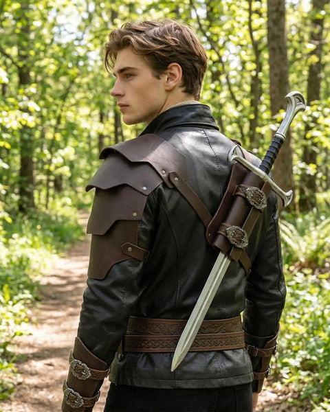 Man wearing Two In One Medieval Shoulder Armor With Back Sword Frog Holder Pauldrons And Sword Holster For Knight LARP Cosplay Renaissance Prop Made From Premium Faux Leather With Brass Rivets in forest